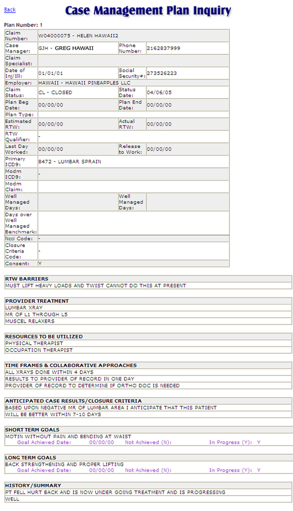 Case Management Plan Inquiry